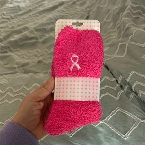Pink Fuzzy Socks with Ribbon Embroidery